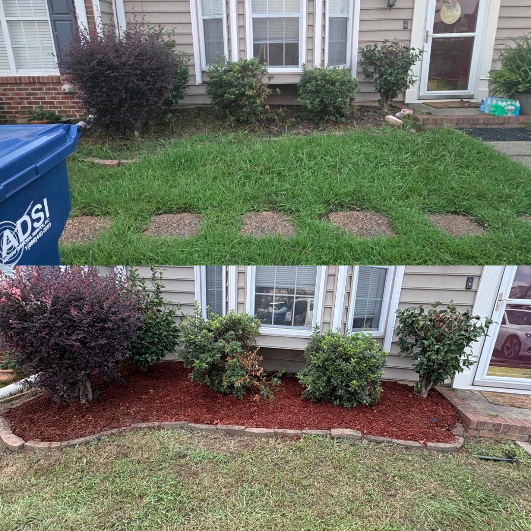 Before and after front flower bed mulch installation