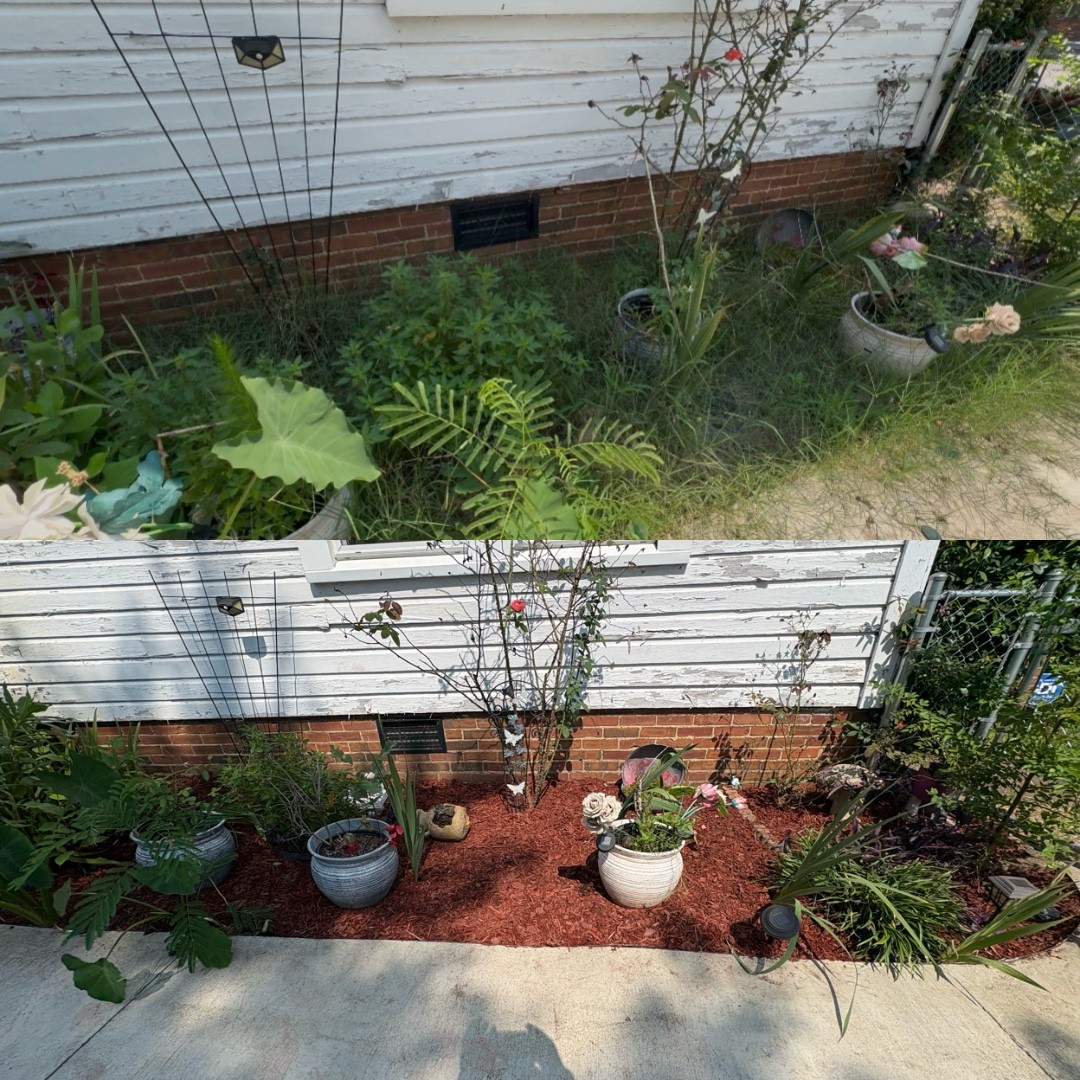 Before and after side flower bed mulch installation